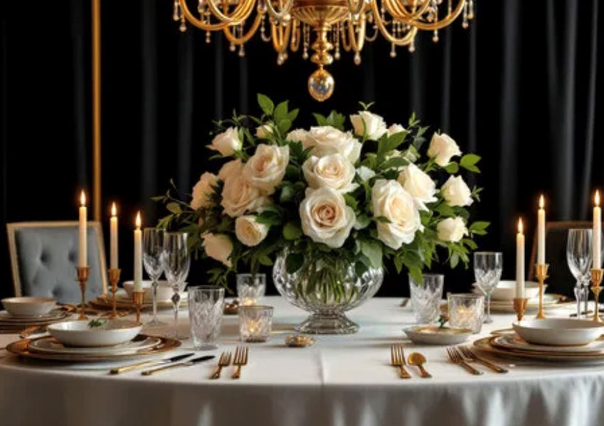 A centerpiece of light colored roses on an elegant table with candles, place settings, and a chandelier overhead