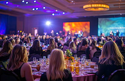 Guests seated at a formal dinner event with screens in the background