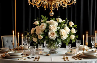 A centerpiece of light colored roses on an elegant table with candles, place settings, and a chandelier overhead