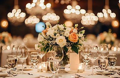 Elegant wedding reception setting with floral centerpiece, candles, and glassware creating a warm, inviting atmosphere