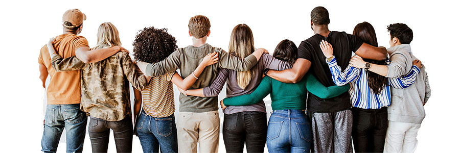 Multiple people of different backgrounds facing away with arms around each other